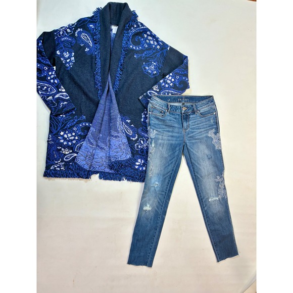 WH/BM The Skinny Jeans Blue Floral Lace Denim Embroidered Distressed Size 2 - Picture 2 of 16